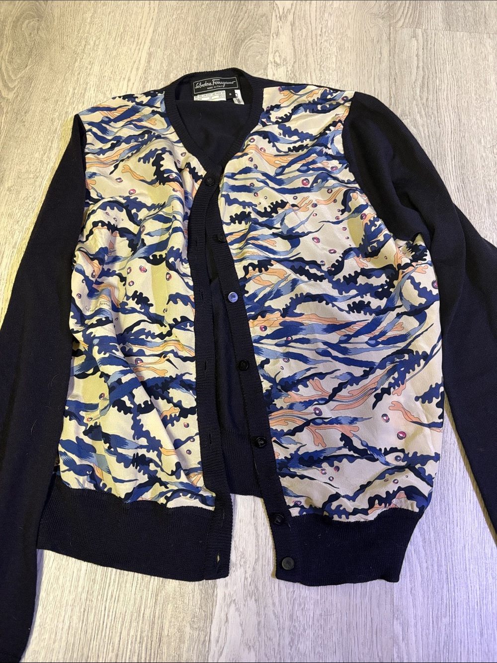 Salvatore Ferragamo Navy Cardigan with Multicolor Wave Print Panels